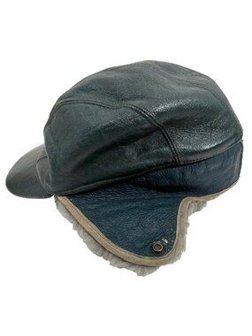 Vintage Leather Aviator Hat Green Quilted Lining Ear Flaps Chin Strap SZ 6 5/8